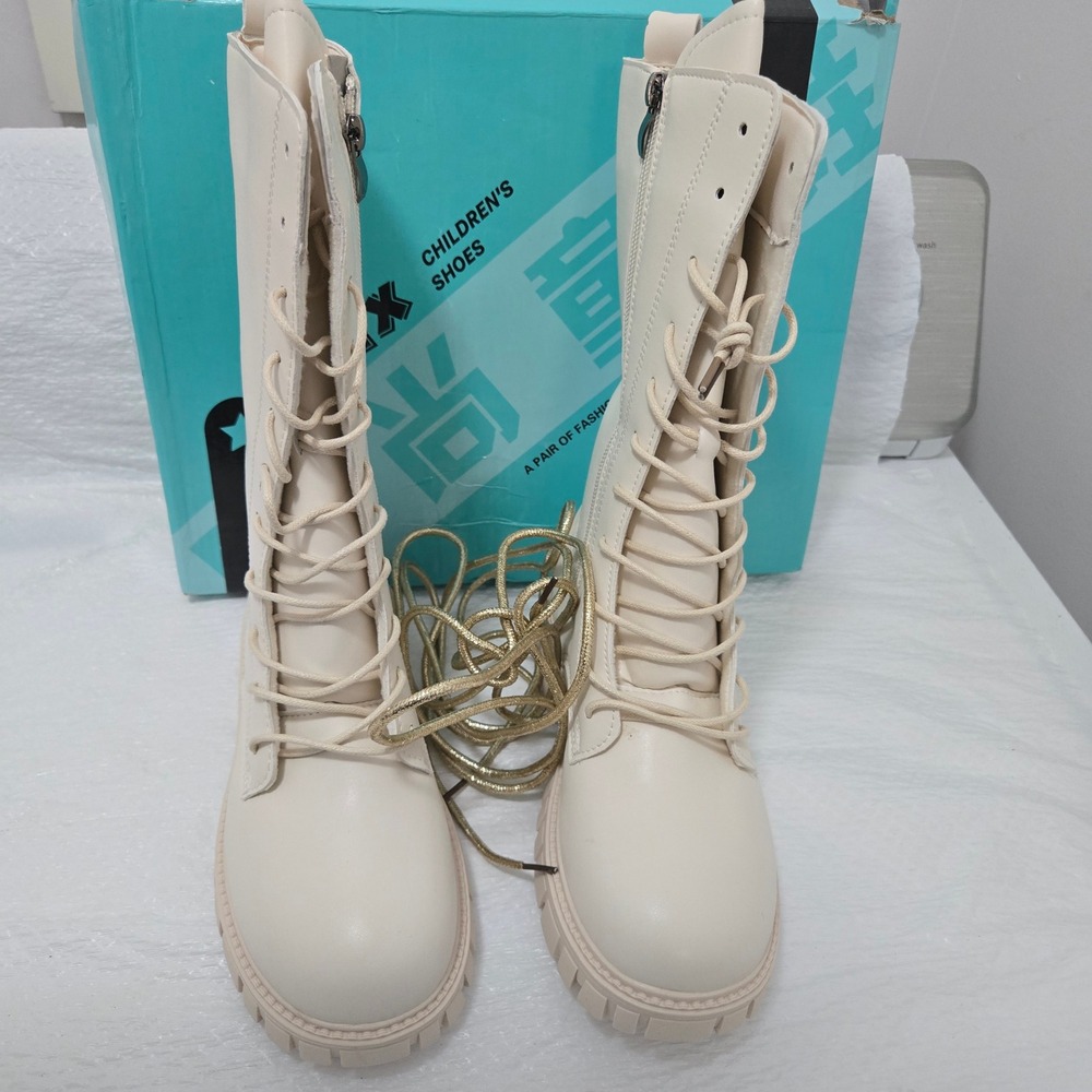 SSTX Childrens Shoes Cream Beige High Top Combat Boots Lace Up Side Zip Size 37